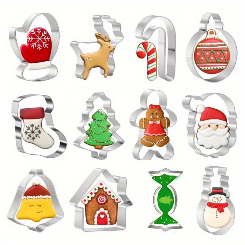 TEMU A Set Of 12 Christmas-themed Cookie Cutters Made Of Stainless Steel, Perfect For Gingerbread, Candy Shapes, Christmas Houses, And Reindeer