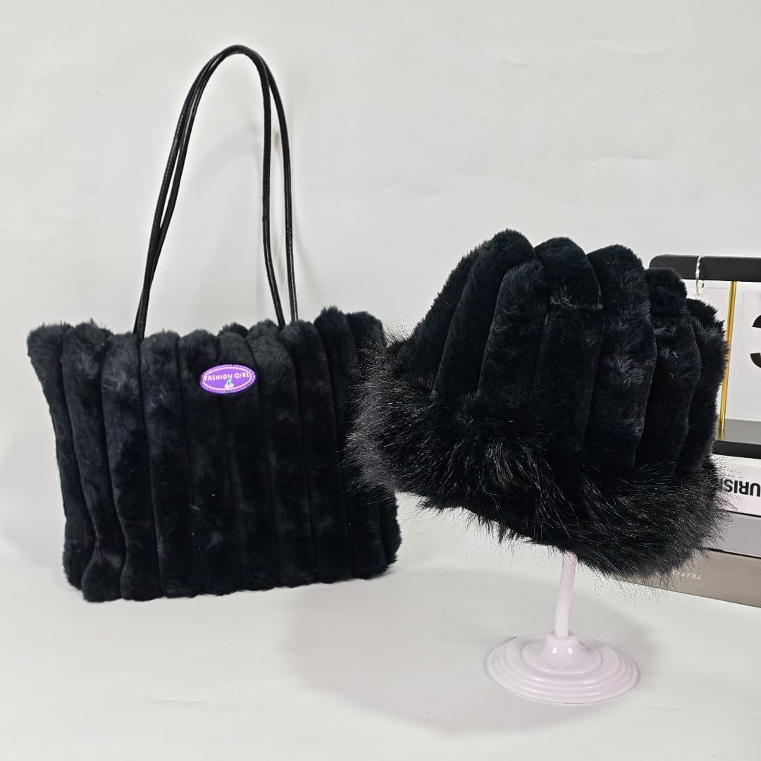 TEMU 2pcs Women's Fleece-lined Shoulder Bag And Bucket Hat Set, Warm And Thickened, Versatile For Autumn And Winter Daily Wear