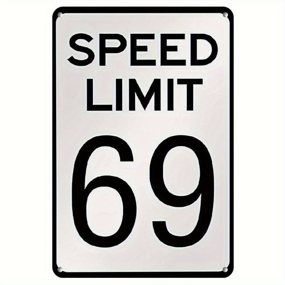 TEMU Tin Speed Limit 69 Metal Sign - Vintage Aluminum Wall Decor For Home, Bar, Garage, Or Art Wall - Distressed Black Background With White Text - Frameless Design, Metal Wall Art Decor