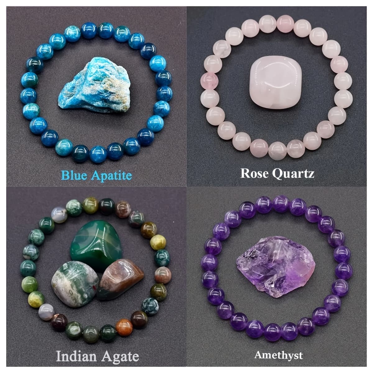 TEMU Set Of 4 Natural Stone Bracelets - Stylish Featuring Blue Apatite, Amethyst, Rose Quartz, And Indian Agate, Ideal For Daily Use Or As A Gift, Everyday Jewelry|natural Stone Bracelet|smooth End