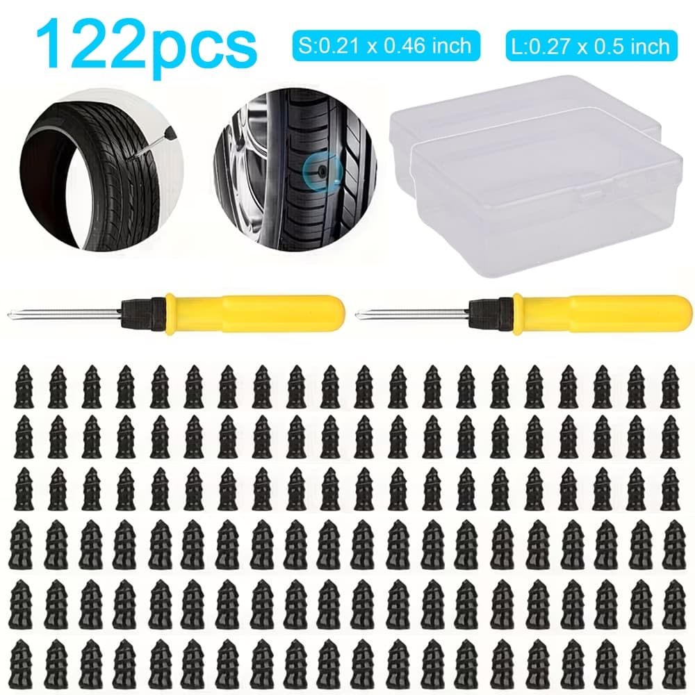 TEMU 122pcs Tire Repair Glue Nails, Large & Small, Vacuum Rubber Plugs & Screwdriver - Fit For Cars, Motorcycles, Trucks & Bikes