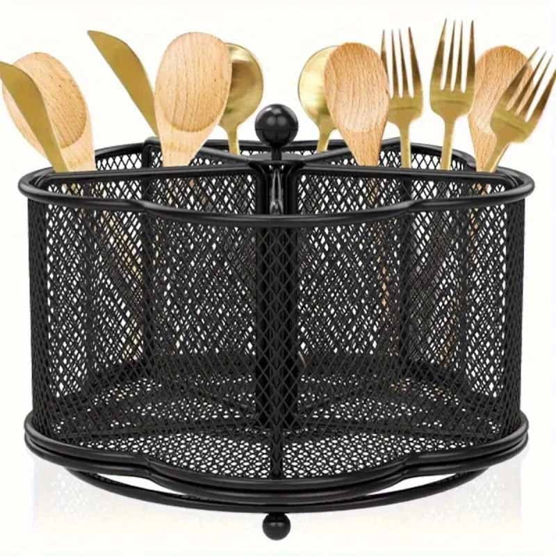 TEMU 1pc Heavy-duty Cast Iron Rotating Utensil Rack - 1-tier 5-section Spinner Organizer With Base, Anti-slip Tabletop Storage Suitable For Kitchen & Dining Room Utensils Storage