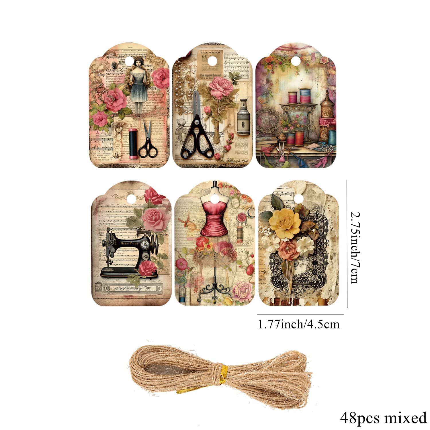 TEMU Set Of 48 Handcrafted Floral Gift Tags Featuring A Vintage Sewing , Perfect For Nostalgic Junk Journal Projects And Gift Wrapping