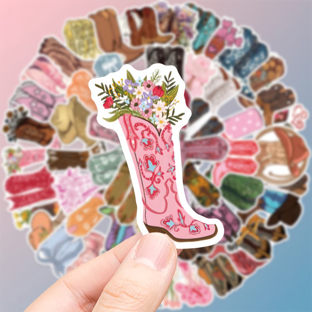 TEMU Set Of 55 Artistic Stickers Featuring Cowboy Boots With A Western Theme: Imaginative Designs In Bright Colors, Boot Illustrations, And Layouts. Vinyl Are Ideal For Laptops, Smartphones, Guitars