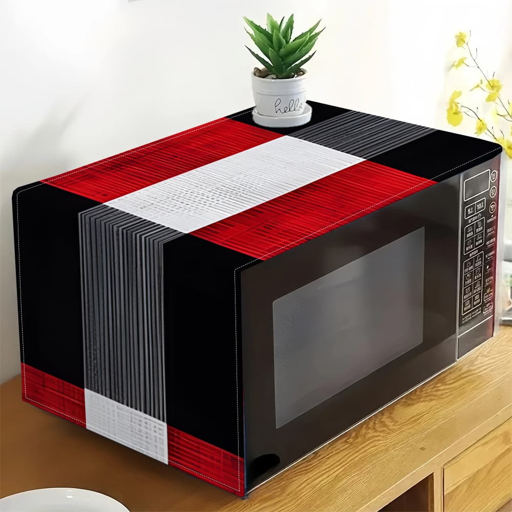 TEMU 1pc Microwave Cover Black, White And Red Geometric Pattern Linen Microwave Oven Dust Cover, Easy-clean Stove Pad For Microwaves, Ovens, Stovetops, Decorative Kitchen Accessory