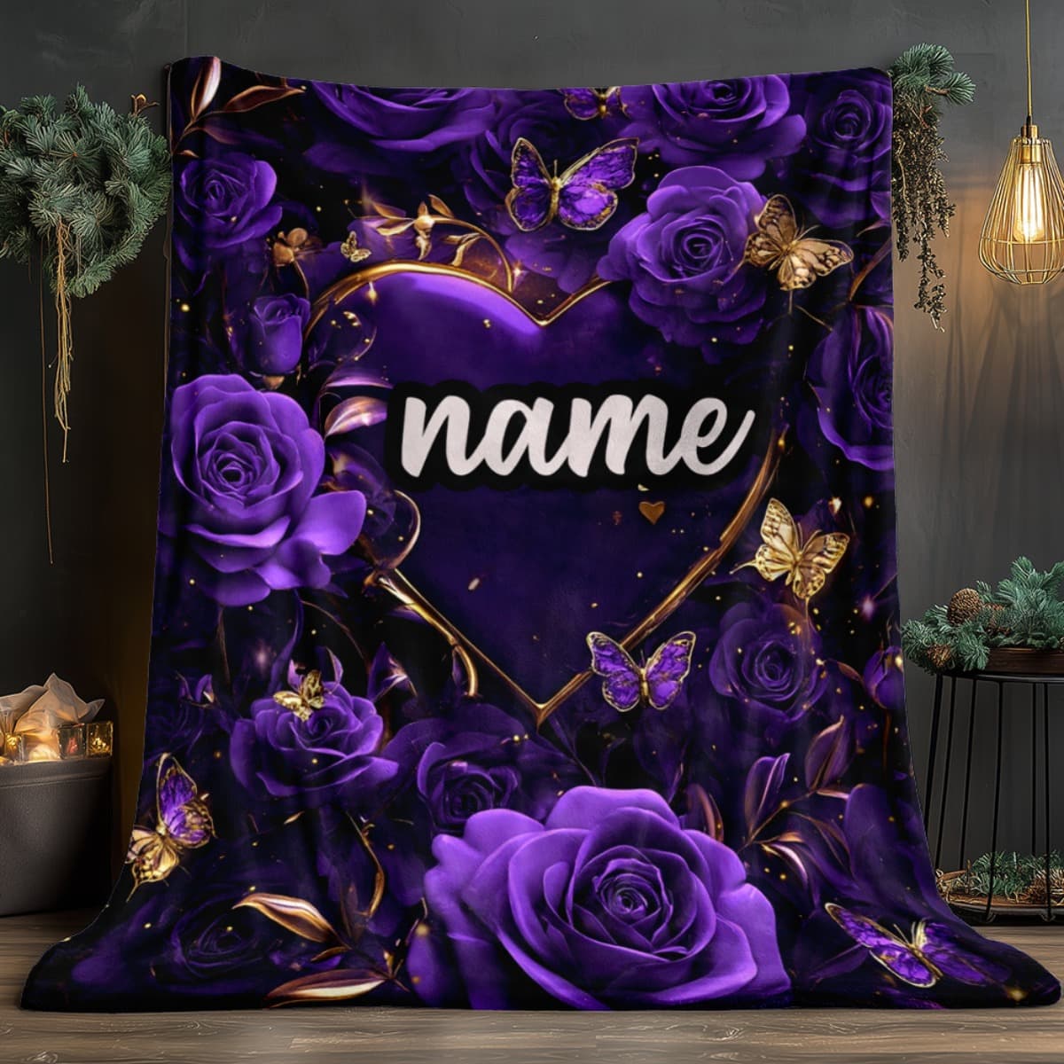 TEMU Custom Name Purple Floral Pattern Blanket- Lightweight Throw For Sofa, Outdoor, Camping, Livingroom, Office, Chair, And Bed - Digital Printing Soft And Warm Blanket Warm Winter