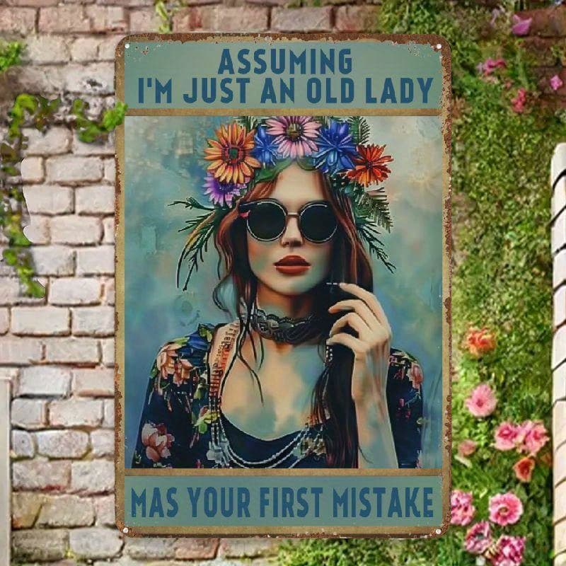 TEMU Ynlloofa Vintage Metal Tin Sign Hippie Tin Sign Assuming I'm Just An Old Lady Was Your First Sign Poster Gifts Wall Decor For Retro Club Bar Bathroom Poster Wall Art, 2d Flat