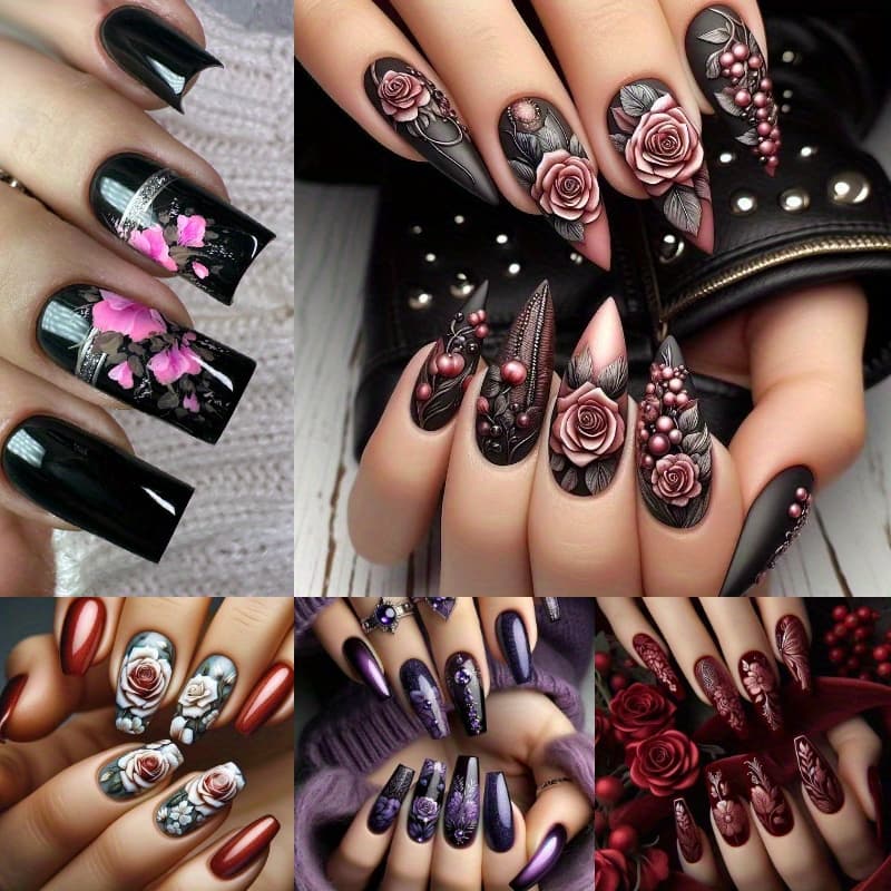 TEMU 120pcs (5 Pack) Rose Flower Press On Nails For Manicure 24pcs Rose Acrylic Medium Coffin False Nails Gel Glue On Nails Black Flower Fake Nails Stick On Nails For Women Rose