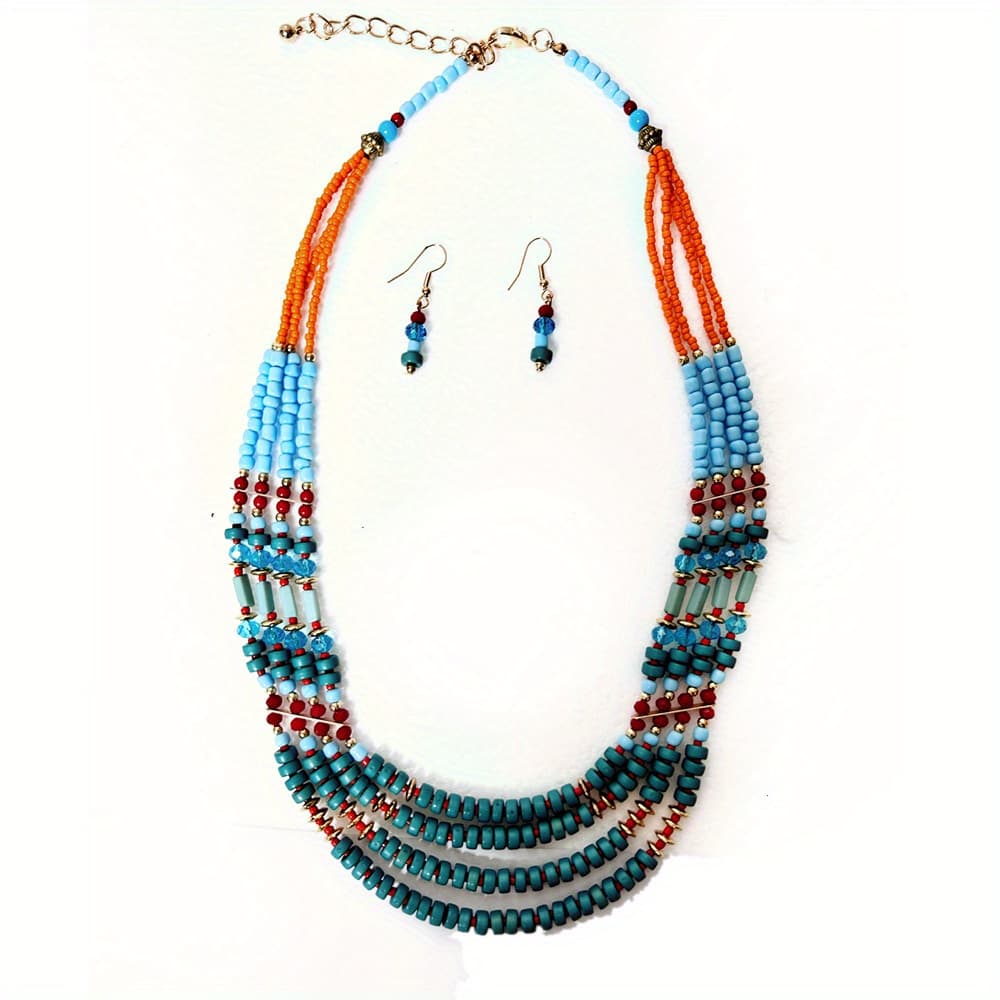 TEMU Bohemian Beaded Necklace - Multi--shaped Or Spherical Beads, Ethnic Retro Layered Beading For Parties, Festivals & Casual Attire -