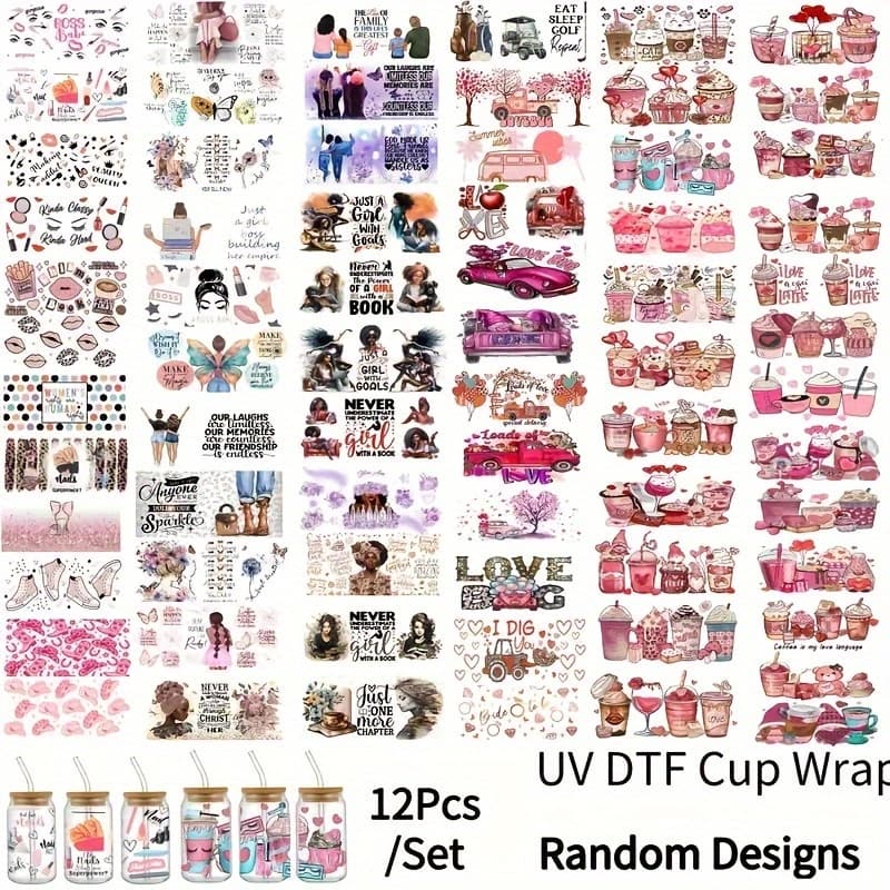 TEMU 12pcs Uv Dtf Cup - 3d Transfer Suitable For Mugs, Bottles, And Glassware- Diy Craft Kit, Multiple Designs High-quality 3d , Decorative Labels, Long-lasting, Durable Adhesive, Adhesive Labels,