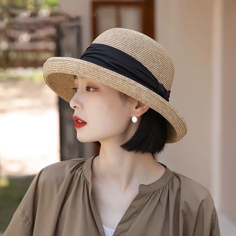 TEMU Japanese-style Rolled-hem Pleated Fabric Knot-tie Decorative Mixed Straw Weave Women's Summer Beach Hat Bucket Hat