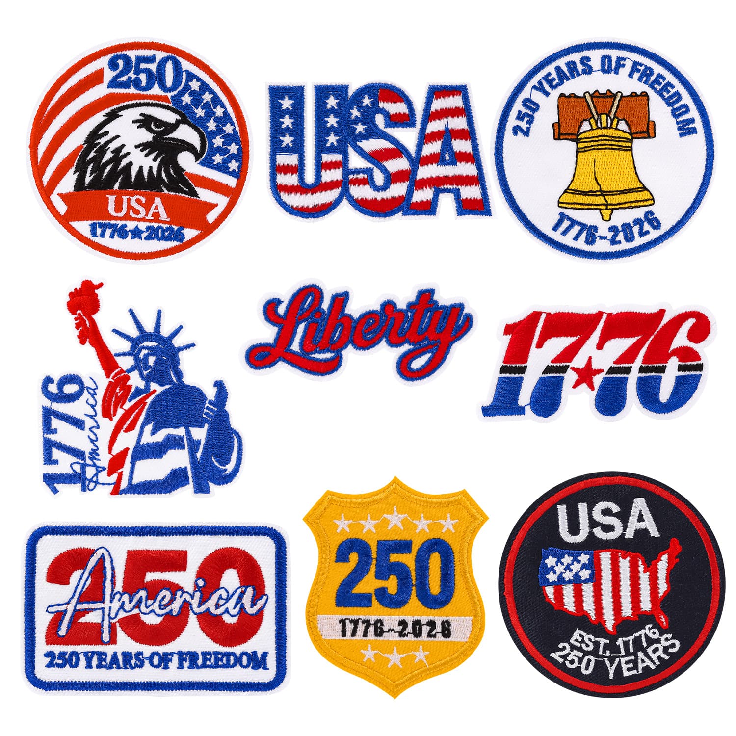TEMU 9pcs 250th Anniversary Of Usa Embroidered Patches, 1776-2026 Patriotic Iron On/sew On Patches For Clothing, Hats, Bags, Jackets, Bell Bald Eagle Usa Flag Decorative Appliques
