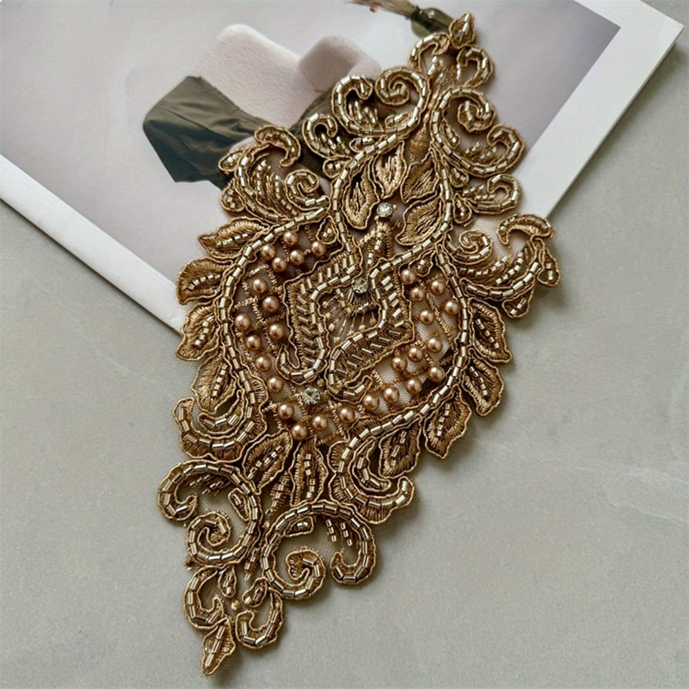 TEMU 1pc Of Khaki Fabric Patch With Bead Embroidery For Clothing Decoration Additions