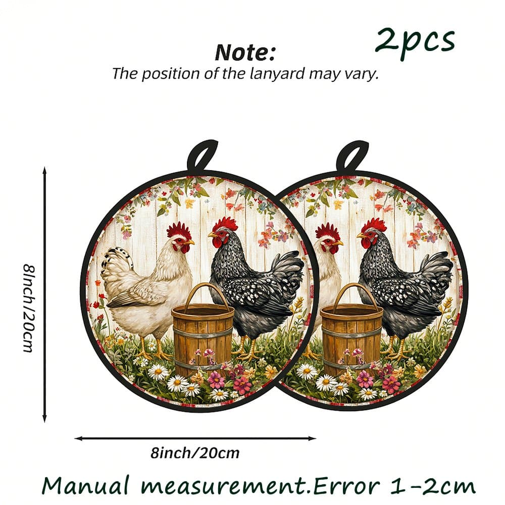 TEMU 2pcs Heat-resistant Suitable For Baking & Cooking - Rustic Farmhouse Round Non-slip Trivet Mats With Chicks & Floral Pattern, Machine Washable Suitable For Countertops, Stovetop,, Table, Gift