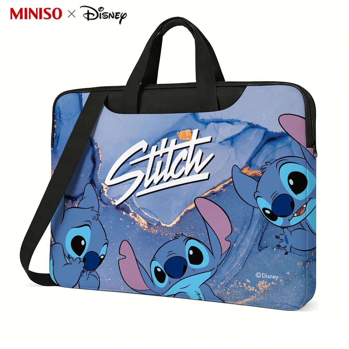 TEMU Miniso X Stitch No-lining Laptop Bag, Stylish Marble Print Notebook Tote With Shoulder Strap For Work, School, Travel
