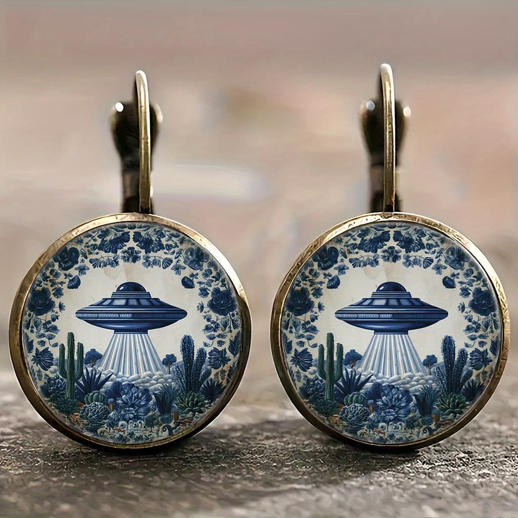 TEMU Alloy Retro Round Earrings, Retro Ufo Cactus Earrings, Light Luxury Accessories, Simple And Fashionable Style, Daily Versatile Earrings, Gift , Suitable For A Of Occasions
