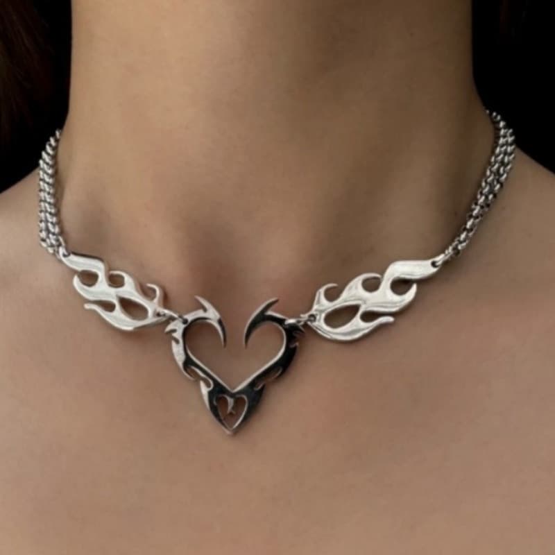 TEMU 1pc Punk Style Love Flame Hollow Stainless Steel Necklace For Men And Women, 40+7cm, Unisex Design Perfect For Couples' Everyday Gifts