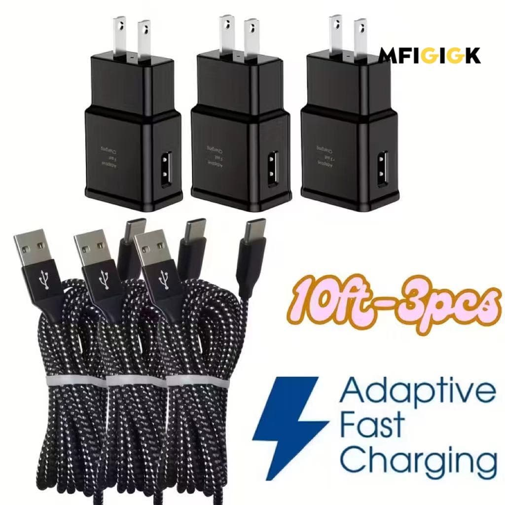 TEMU Mfiglgk 3pcs Lot Adaptive Fast Charging Wall Charger 10ft Braided Usb C Cable Black For A03s S9 Phone Us Plug, 110v-130v, 10-20w Output
