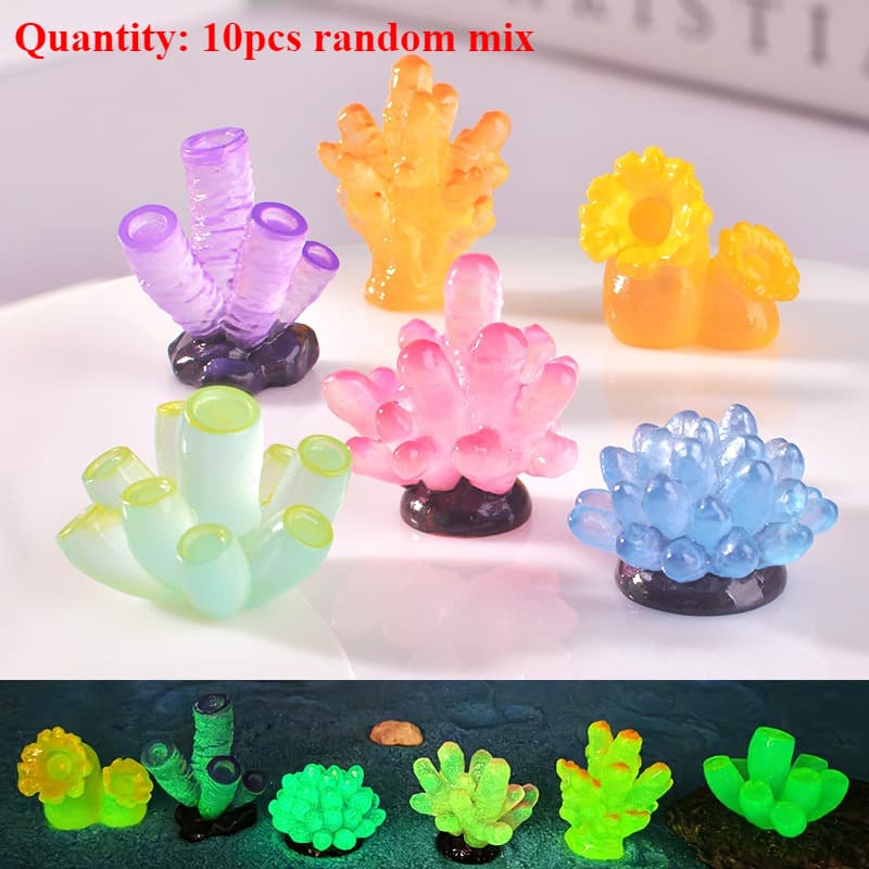 TEMU 10pcs/set Random Mix Glow In The Ornament: Mini Coral Landscape Aquarium Decor With Cartoon Coral Clusters For Diy Craft