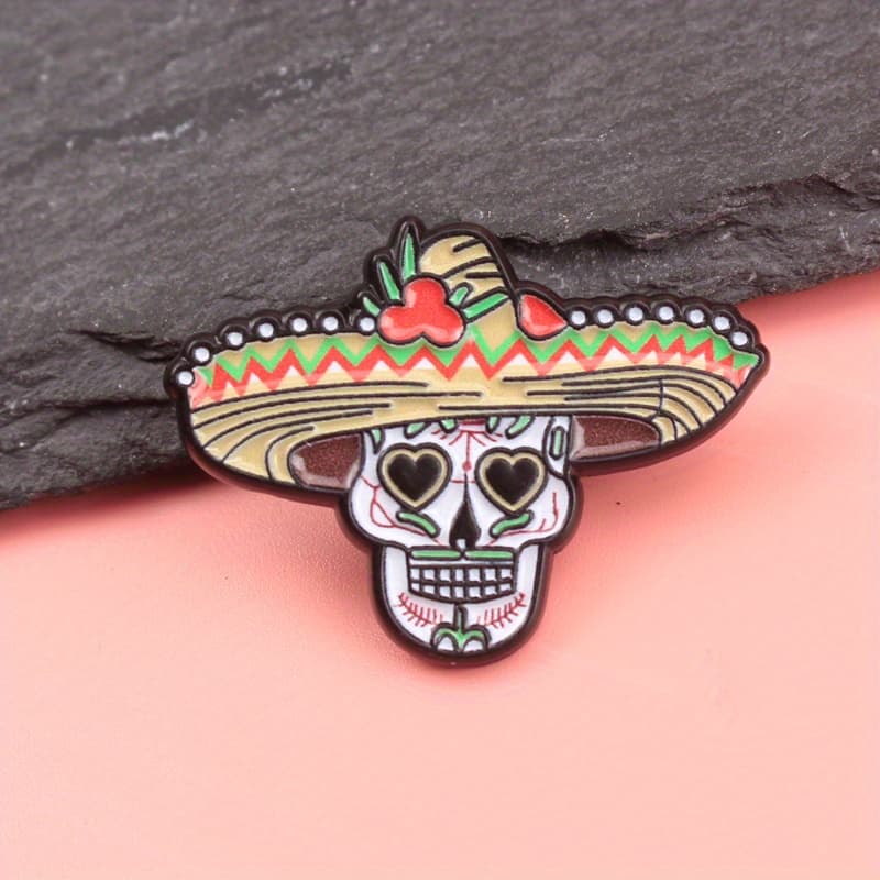 TEMU Mexican Folk Skull Hat Enamel Pin | Heart-shaped Eyes & Feathers Lapel Badge | Cultural Mystery Statement Piece | Daily Wear & Boho Chic Accessory