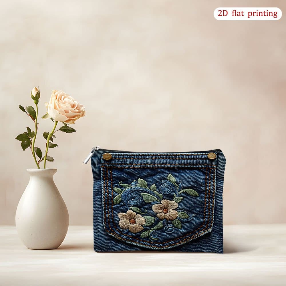 TEMU [2d Flat Print] 1pc Floral Makeup Bag - , Zipper Closure, Hand Washable - Suitable For Women - Ideal For Travel And Daily Use - An Gift For Fashionistas