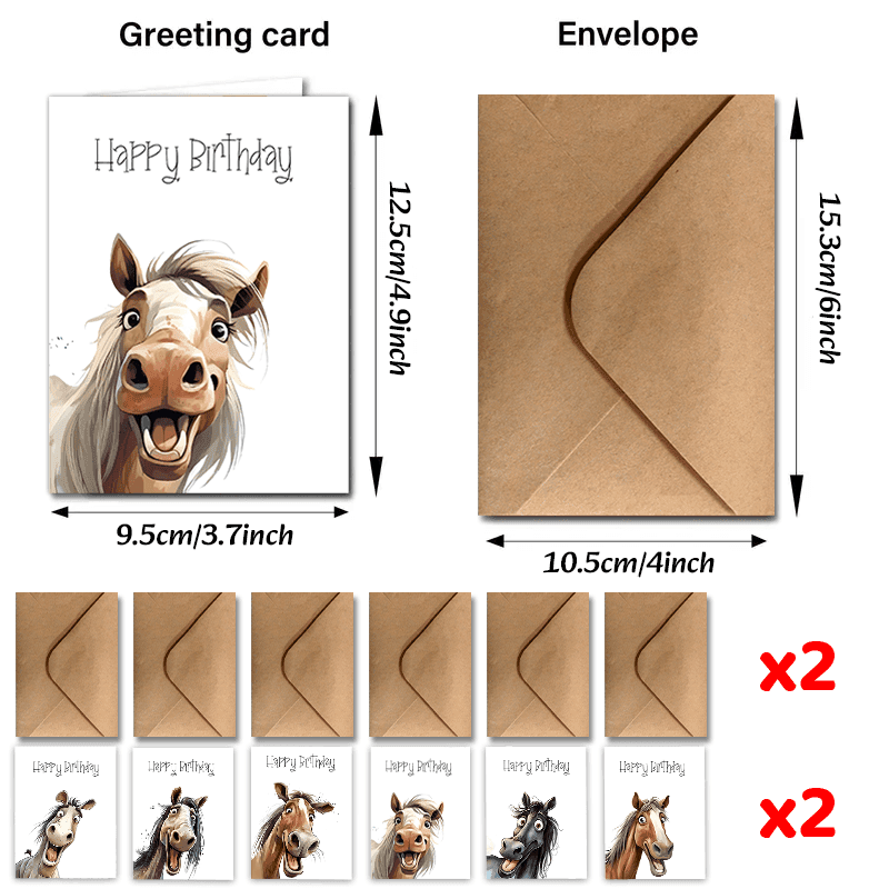 TEMU 24pcs Whimsical Horse Birthday Cards With Envelopes - "happy Birthday" Greeting, Unique & Funny Horse Faces Design, Anyone & Everyone, Includes Thank You & Gift Cards, Funny Birthday Cards