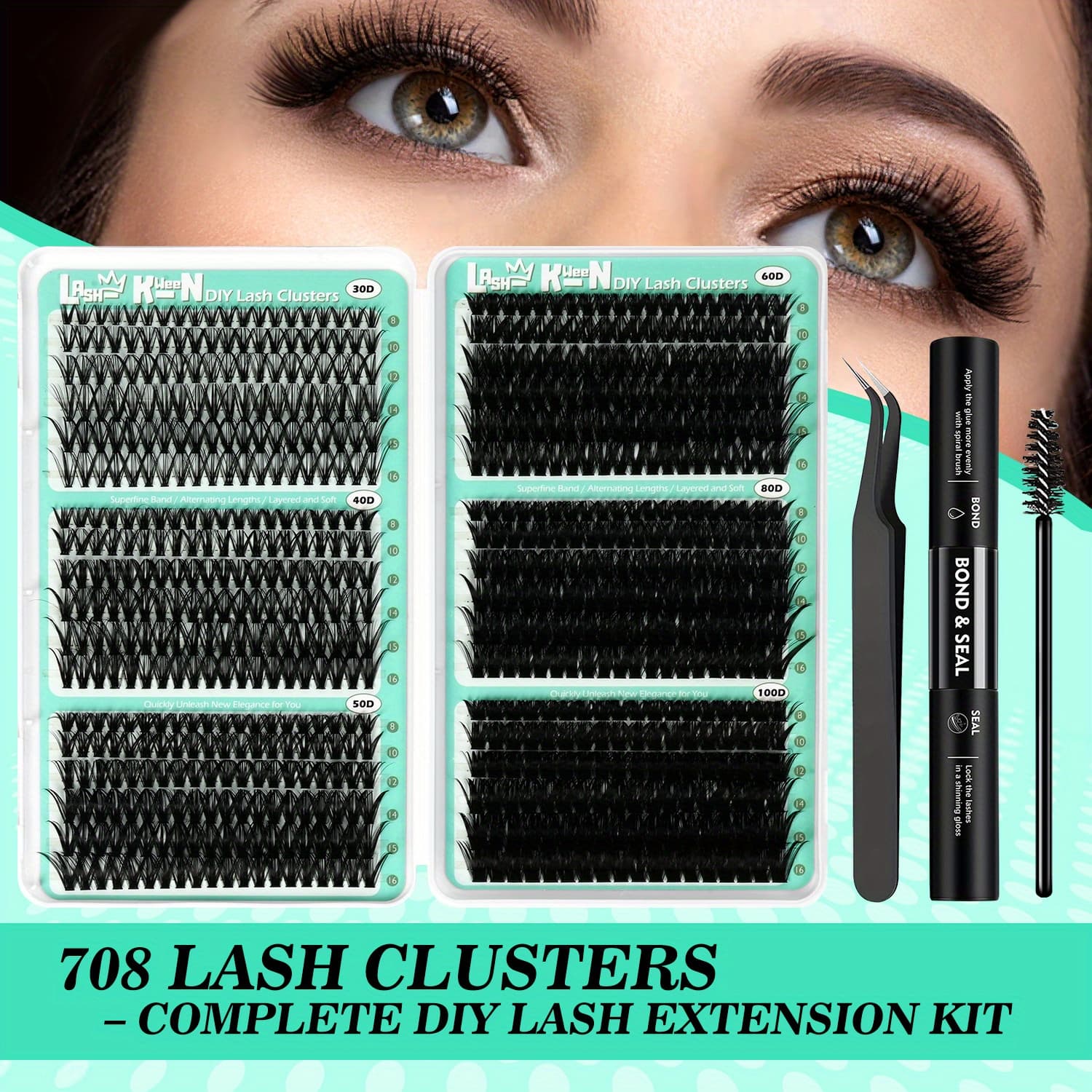 TEMU 708pcs Mega Lash Clusters Kit With Tweezers Glue & Brush, False Eyelashes Collection For Party Wedding , Soft Silky Fiber Lashes, Full Lash Extension Set