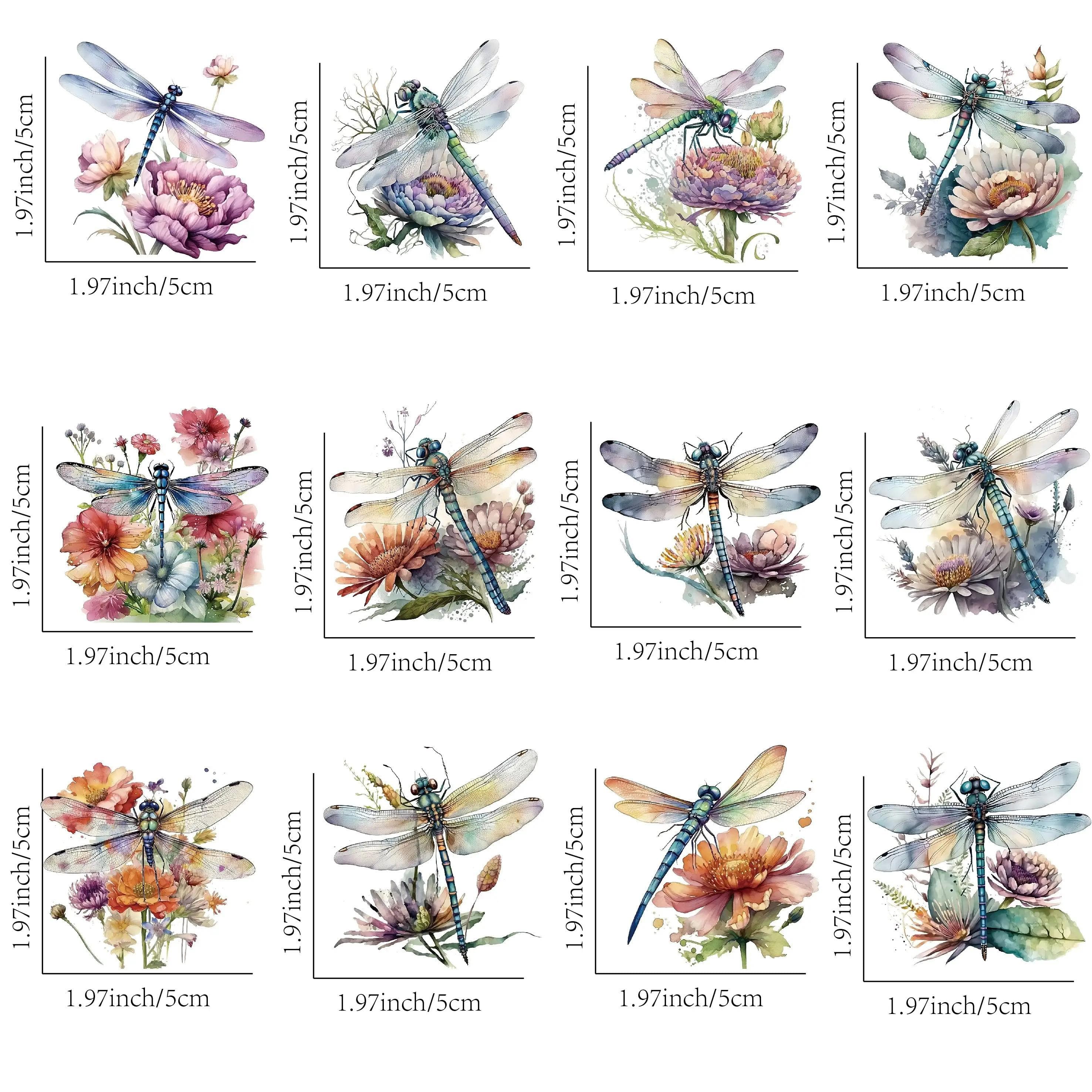 TEMU 12pcs/24pcs Watercolor Dragonfly And Flower Uv Dtf Transfer -waterproof, Scratch-proof, Self-adhesive, Suitable For Ceramic, Glass And Metal Cups-diy Handmade Decorative