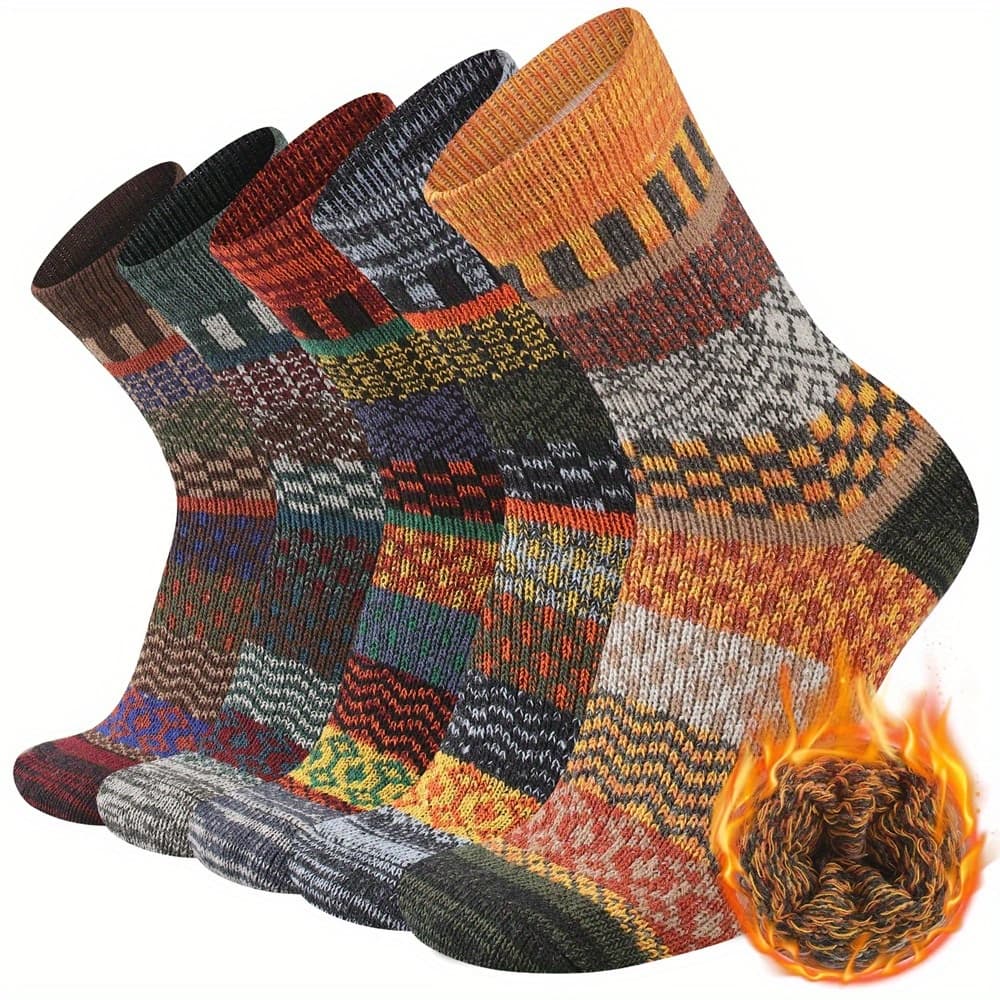 TEMU 5 Pairs Men's Warm Socks Thermal Winter Thick Crew Pattern Socks Cold Weather