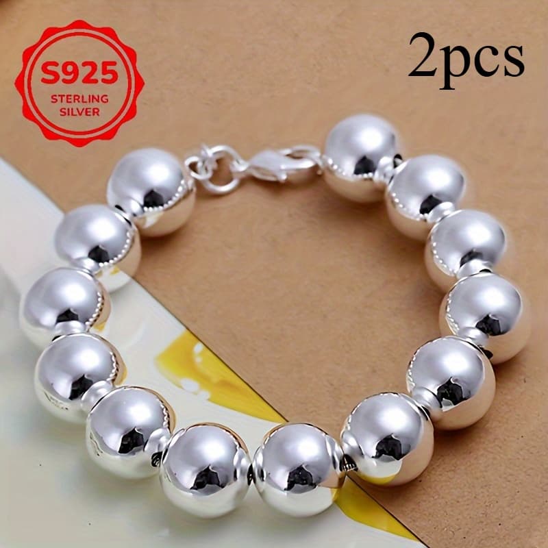 TEMU Set Of 2 925 Silvery Bead Chain Bracelets, , , Classic Jewelry Gifts, Suitable For Daily Wear And Special Occasions, Suitable For Carnival Celebrations, Universal Accessories