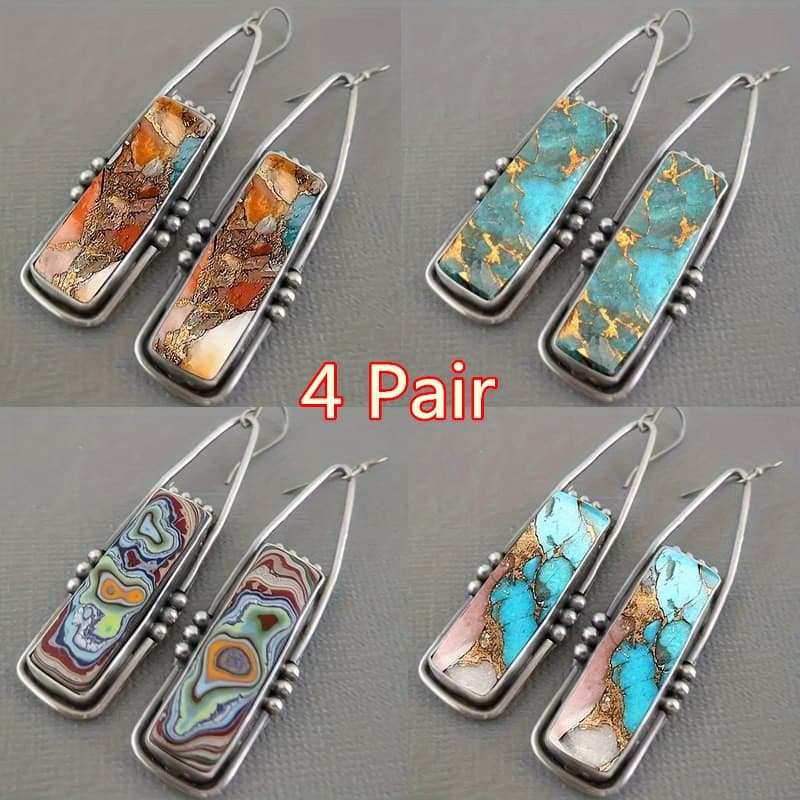 TEMU 4 Pairs Of Retro Bohemian Style Irregular Pattern Fashionable Women's Earrings, Classic Daily Wear Decoration Women's Jewelry Additions, Valentine's Day Anniversary Gift For Her