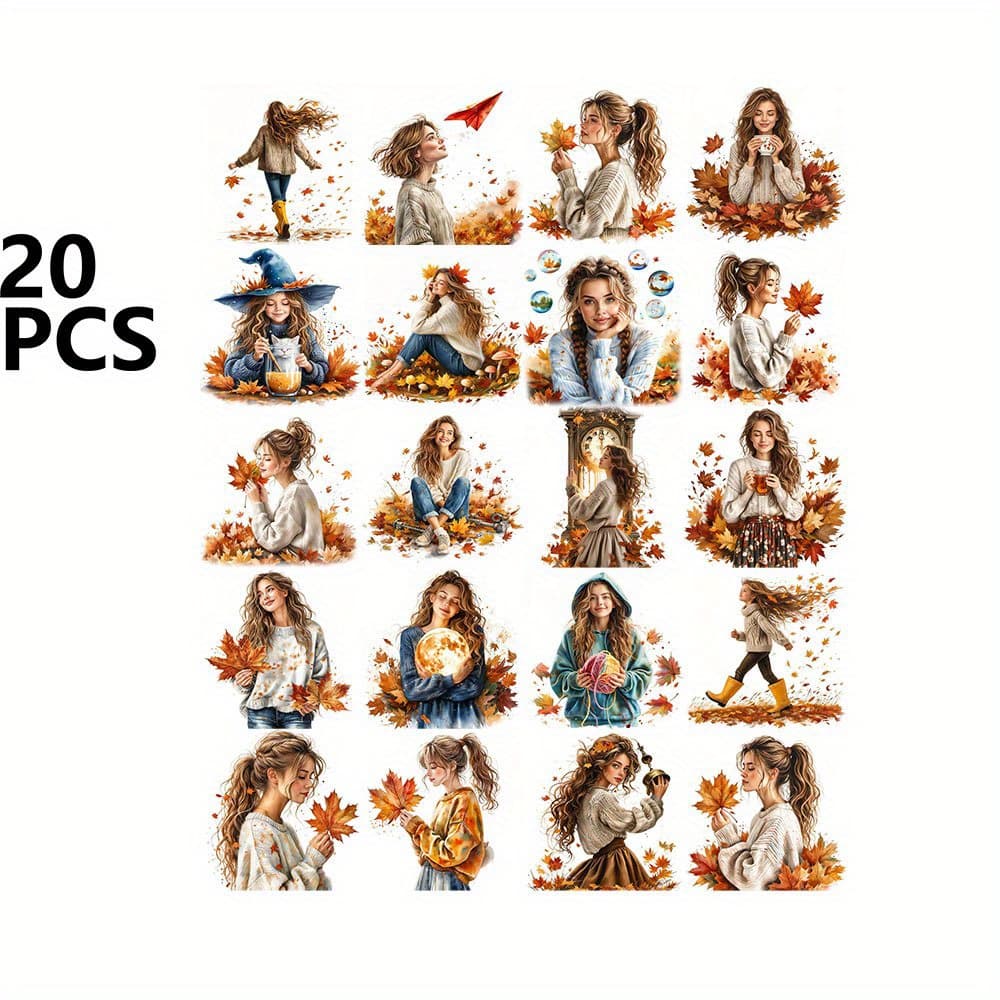TEMU 20pcs Autumn Girl With Stickers Pack - Diy Crafts, Scrapbooking, Laptop, Notebook, Journal, Photo Album Decor - For Seasonal Projects, Valentine's Day & Birthday Gifts, Crafts For Girls