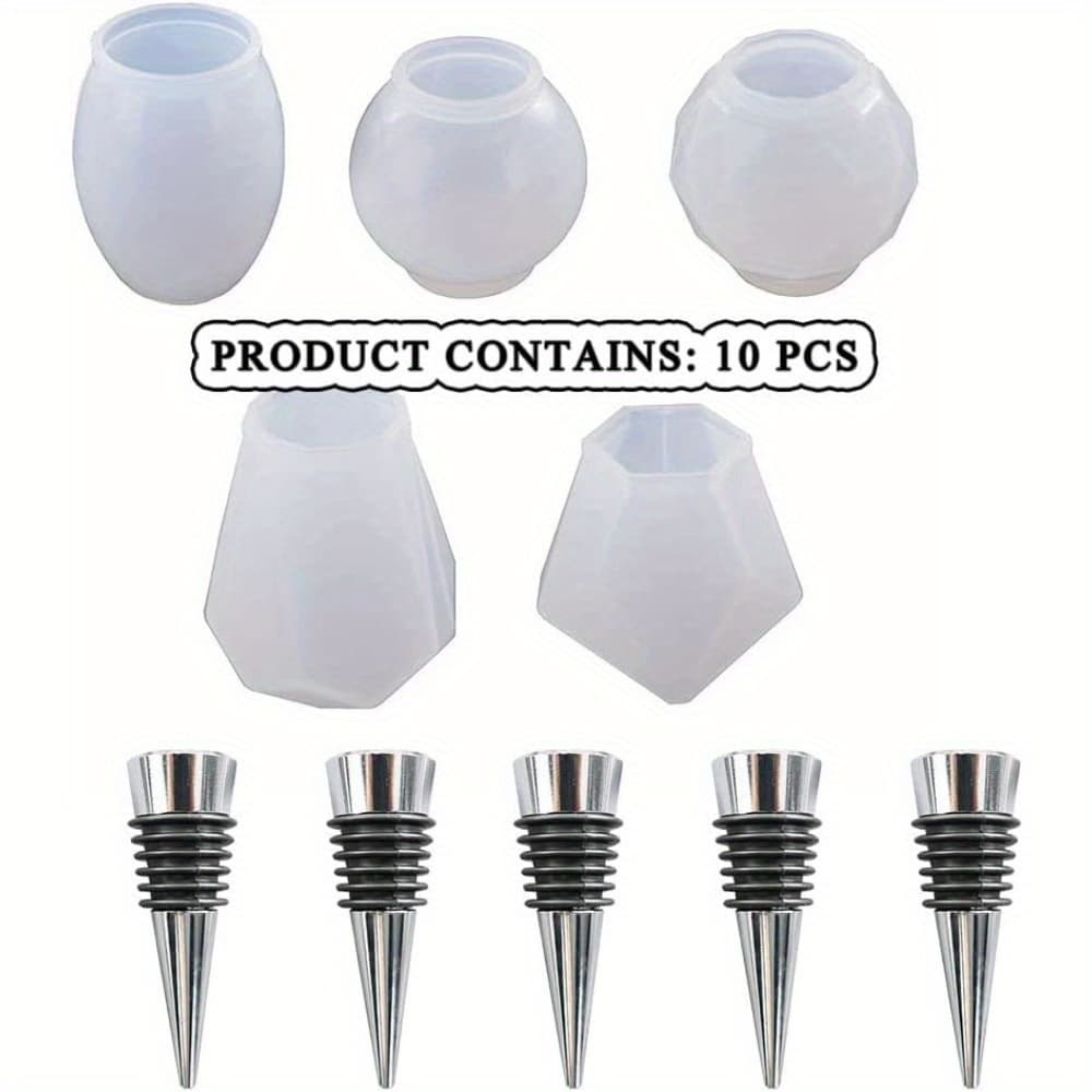 TEMU 10pcs Resin Wine Bottle Stoppers Molds Set, Wine Stopper Silicone Molds For Epoxy Resin, Stopper Epoxy Resin Silicone Molds Set Kits (5 Molds With 5 Stoppers)