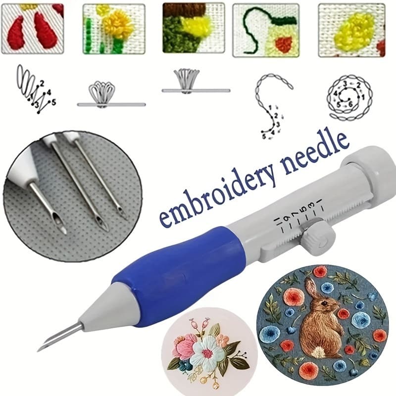 TEMU Ergonomic 2pcs Magic Embroidery Pen Set With Adjustable Needle Size, Includes 3 , Threader, And Scissors - Ideal For Diy Sewing
