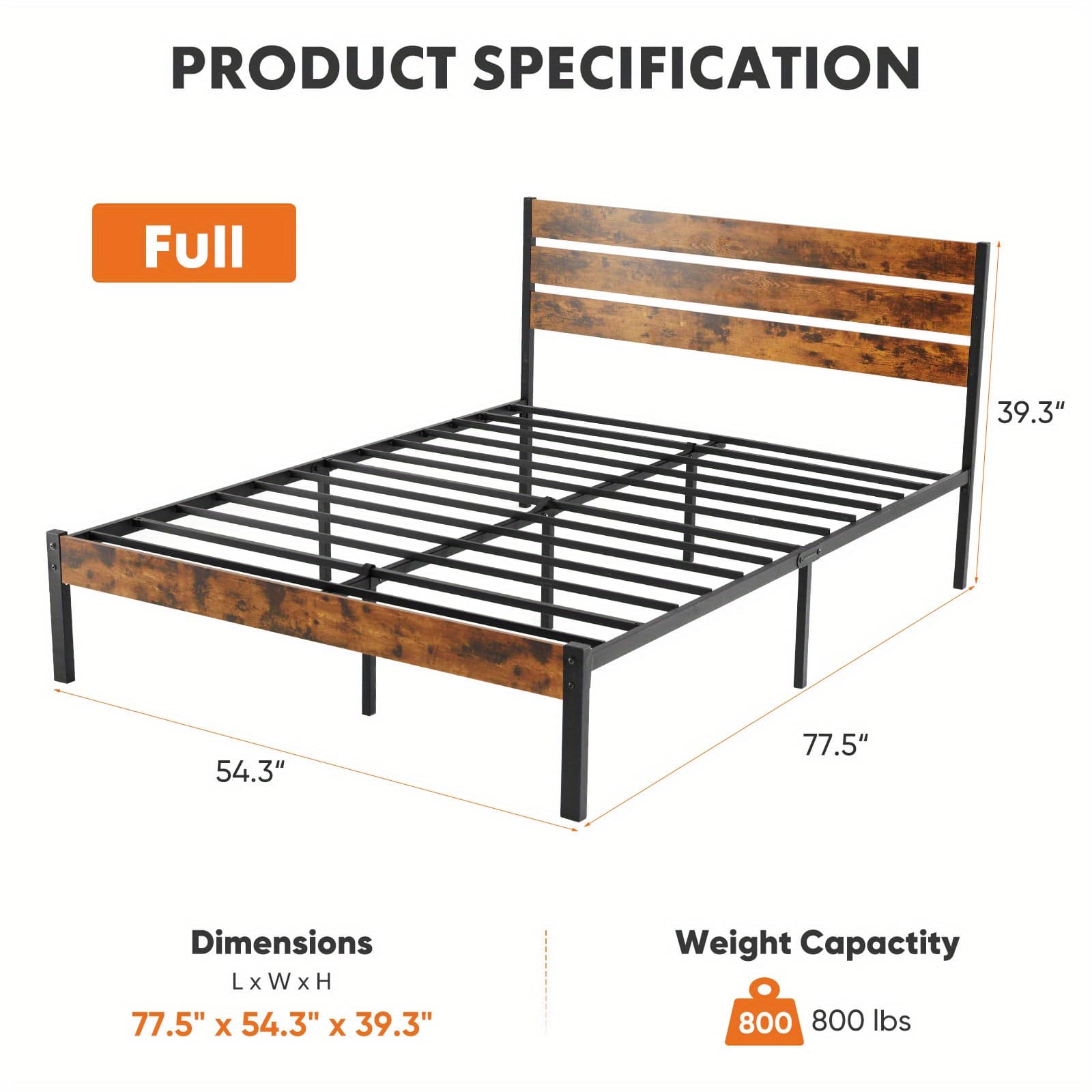 TEMU Metal Platform Bed Frame - Mattress Base With Headboard And Footboard, Spring Required, Features Sturdy Wooden Slats Supporting 700-800 , For Purchase .