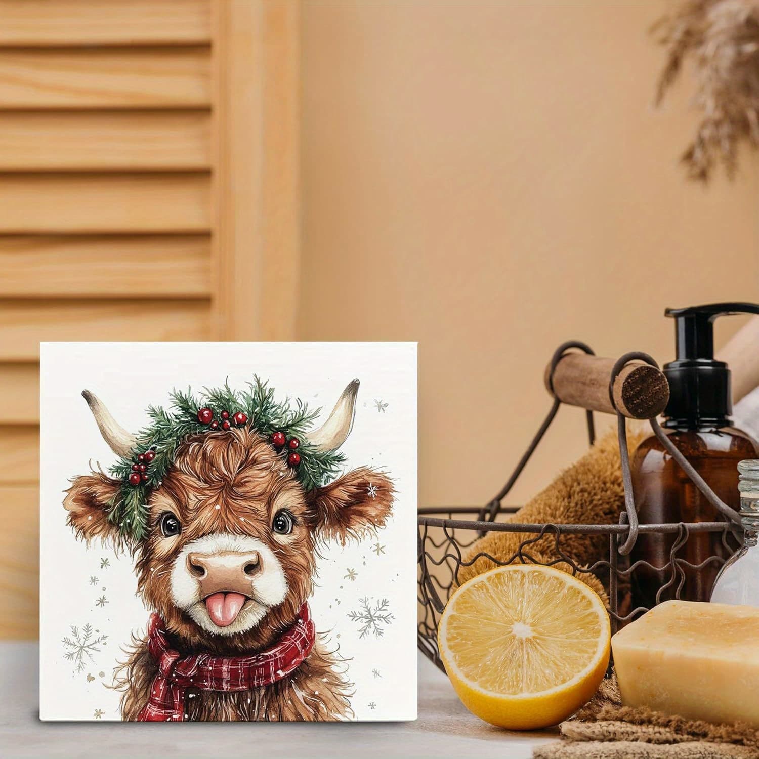 TEMU Christmas Western Wooden Sign - Christmas Highland Desktop Decor, Cute Winter Snow Wooden For Home Office Kitchen Bathroom Table Desk Shelf Decoration