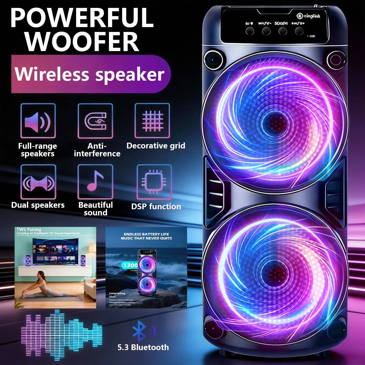 TEMU Portable Wireless Pa Speaker With Dual Woofers, Powerful Deep , Rgb Party Lights, Wireless 5.3, Tws Pairing, 1200mah Long , Ideal For , Parties & Outdoor Camping
