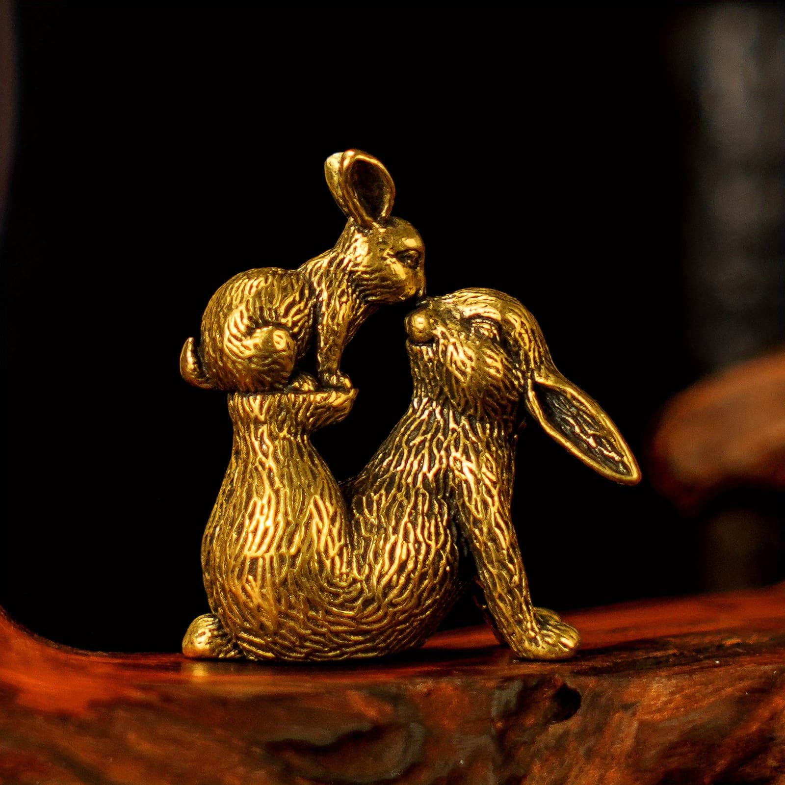 TEMU Collectible Figurines ，solid Brass Rabbit Figurine Set - Vintage-style Desktop Decor With Scene For