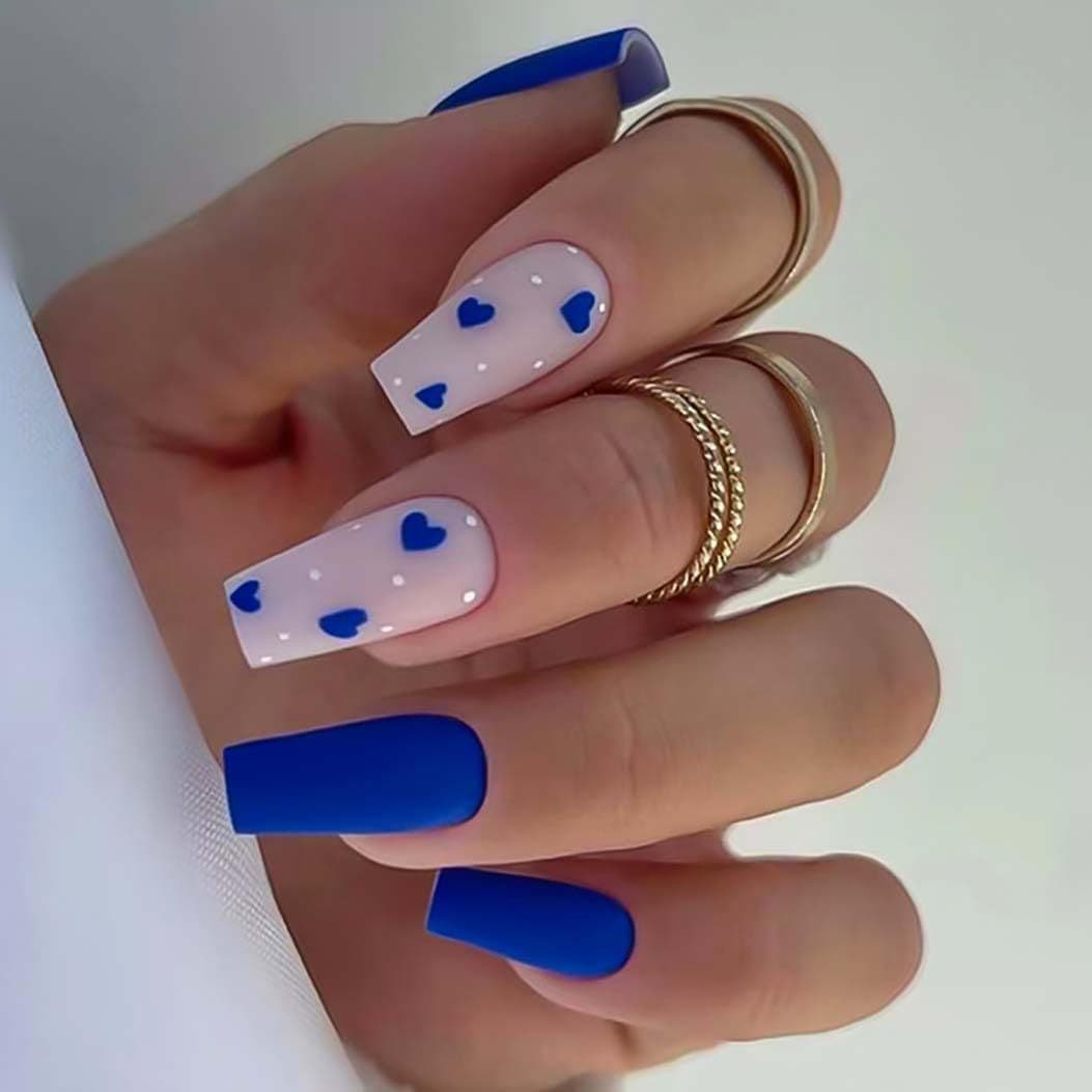 TEMU A Set Of 24 Navy Blue Diamond-shaped And Heart-shaped Fake Nails In Cool Tones, Featuring A Frosted End Suitable For Medium To Long Nails, Designed For All Women To Wear