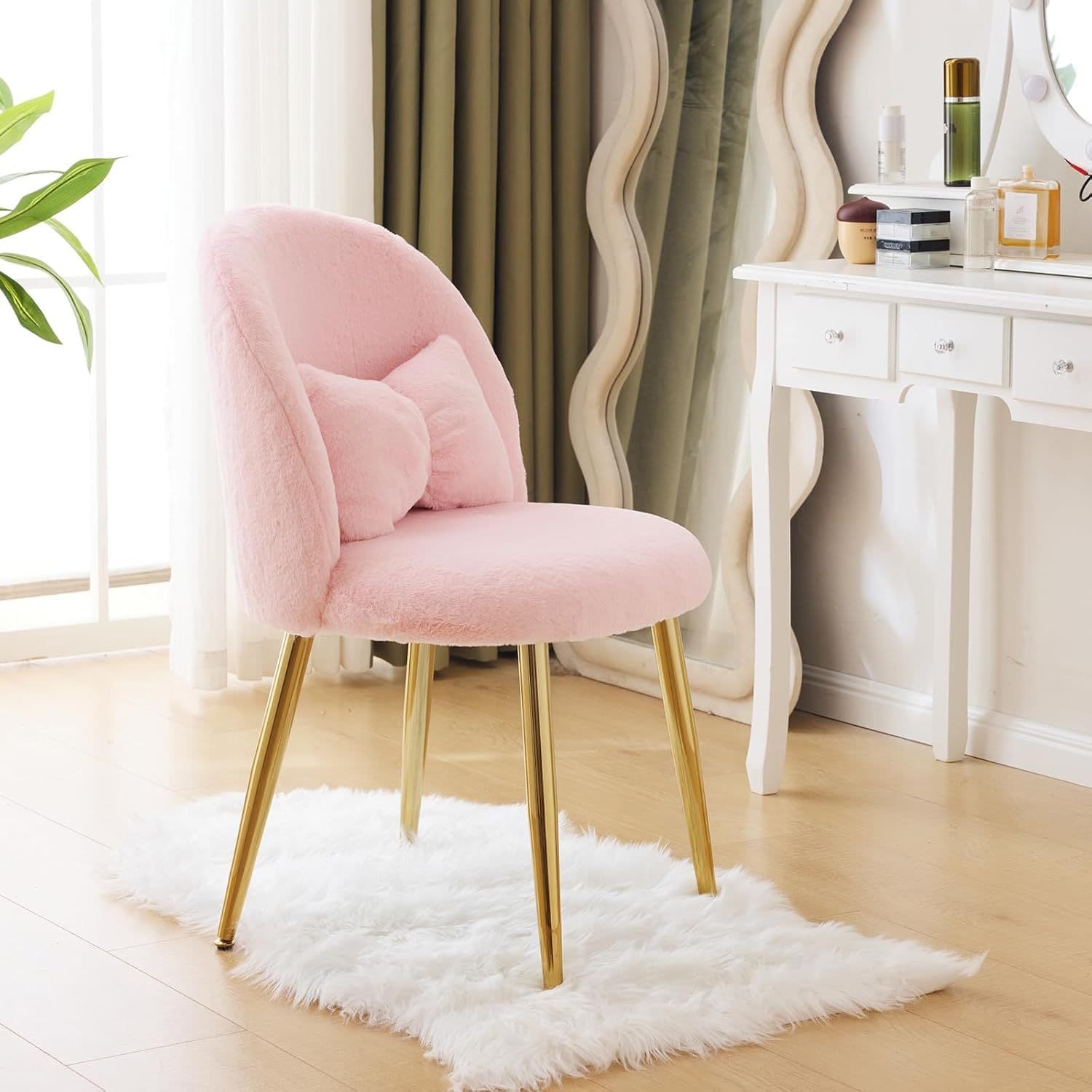TEMU Cute Vanity Chair With Back, Small Desk Chair No Wheels, Fluffy Chair With Pillow, Cozy Makeup Chair With Adjustable , Comfy Chair For Bedroom, Living Room, Small Space