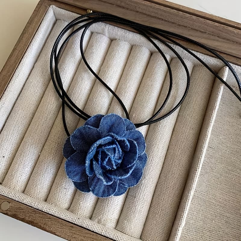 TEMU Versatile Denim Flower Faux Leather Choker Necklace With Woven Rope, Elegant Western Style, For Daily And Banquet Wear