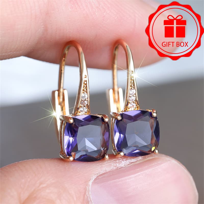 TEMU Delicate Square Purple Synthetic Zirconia Women's Golden Plated Earrings - Day Holiday Gift - Great For Everyday Wear And Gift , Perfect For All