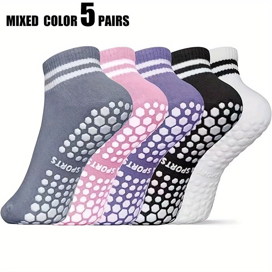 TEMU 1/3/5 Pairs Women' Striped Pattern Wicking Sweat Breathable Casual Silicone Bottom Short Yoga Socks, Random Color