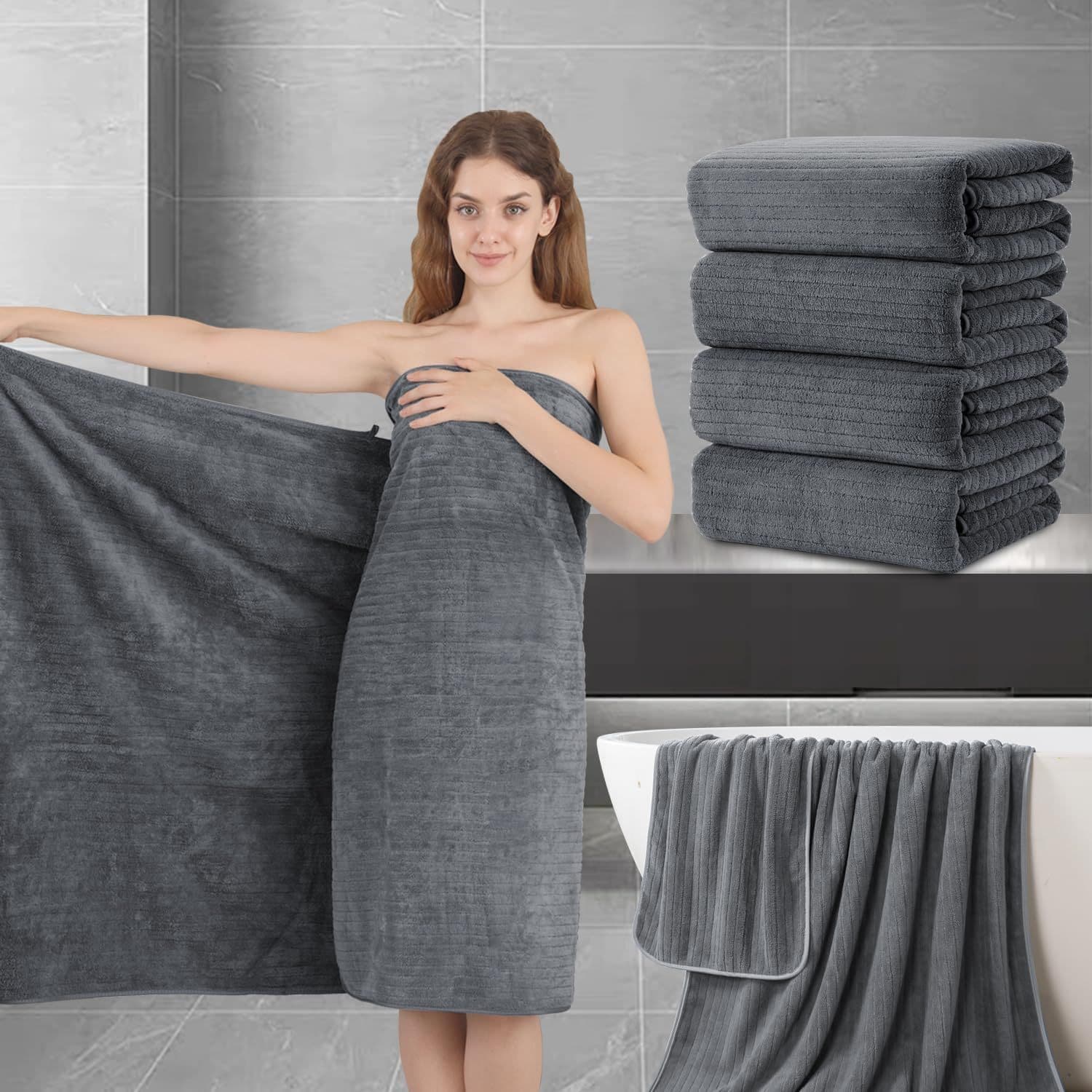 TEMU 4 Pack Extra Large Bath Sheet, 35"x70" Inch Ultra Soft Fluffy Towel, Oversized Bath Towel Set, Premium Microfiber Bathroom Towel Set Absorbent Quick Towel For Bathroom, Hotel, Spa