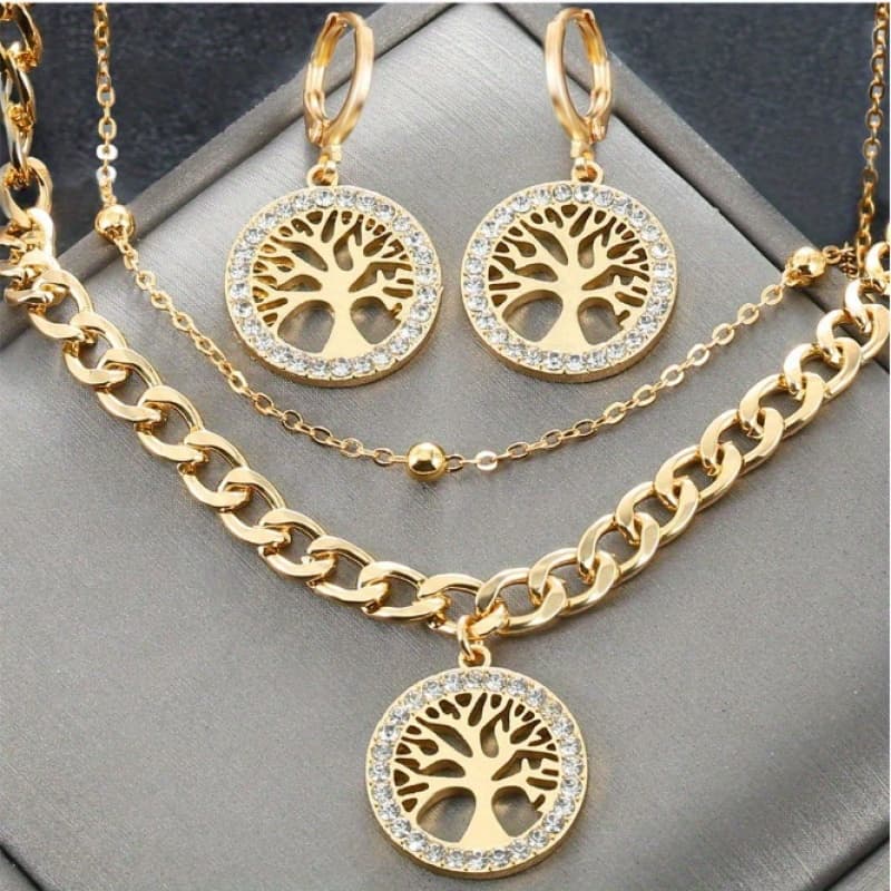 TEMU 1 Set Of Elegant And Luxurious Trendy Double-layer Tassel Life Tree Collarbone Pendant Necklace Earrings Set Synthetic Zirconia Decoration Women's Jewelry Set