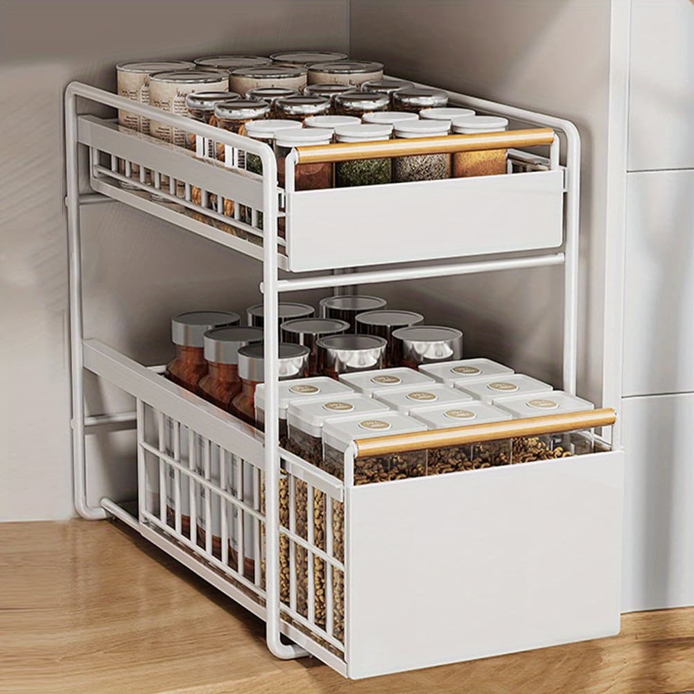TEMU 2-tier Cabinet Pull-out Organizer With Hooks Multifunction Storage Holder Large Capacity Under Sink Basket Drawer For Bathroom Bedroom Skin Care