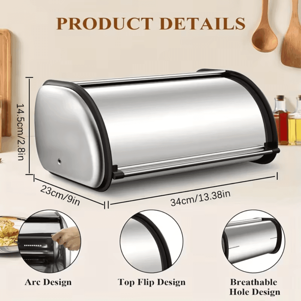 TEMU A Stainless Steel Bread Box Designed For Countertop Storage, Featuring A Stainless Steel Lid That Bread Fresh And Insect-free. It Can Large Loaves And Baked Items Such As, , Muffins, And Fruits