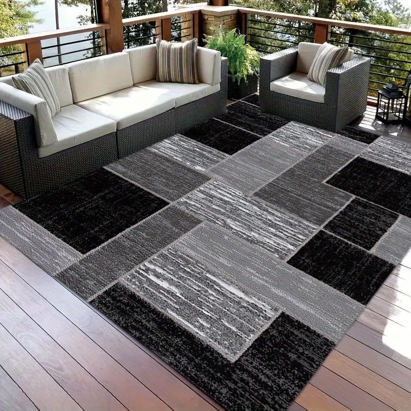TEMU 1pc Large Black & Gray Geometric Pattern Outdoor Area Mat - 100% Polyester Machine-washable Decorative Mat For Patio, Balcony, Poolside, Yard - Durable Rectangular Floor Mat With , Outdoor Mat
