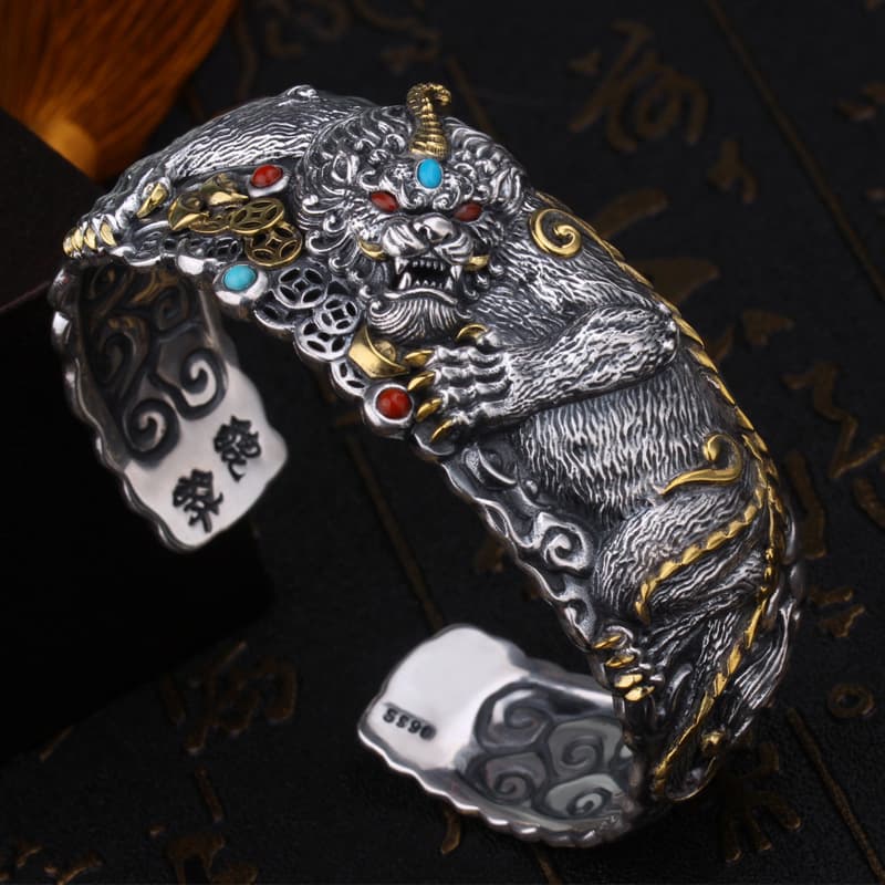 TEMU 1pc Bracelet Pixiu Wide Version Handmade Fine Carving Rich Open Fashionable Male Bracelet, Daily Wear, Valentine's Day