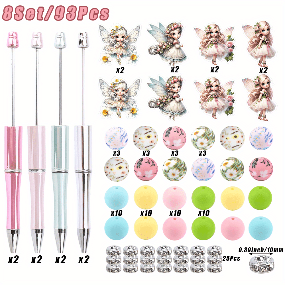 TEMU 93pcs Flower Fairy Elf Element Bead Pen Set, 8 Plastic Bead Pens With , 1mm Ballpoint Pen Diy Craft Kit, Silicone Charm With Office And Writing Accessories